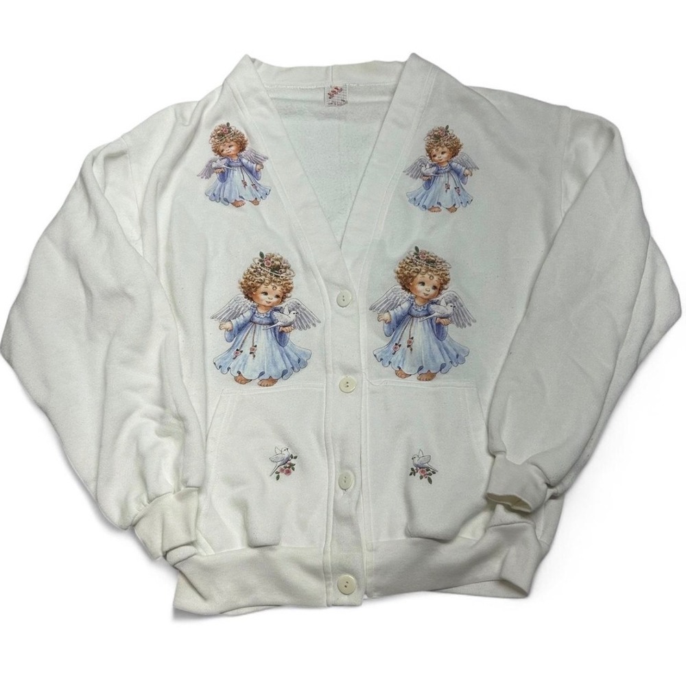 Vintage ESY Cherub Angel Cardigan Sweatshirt White Graphic XL Made in USA 0206